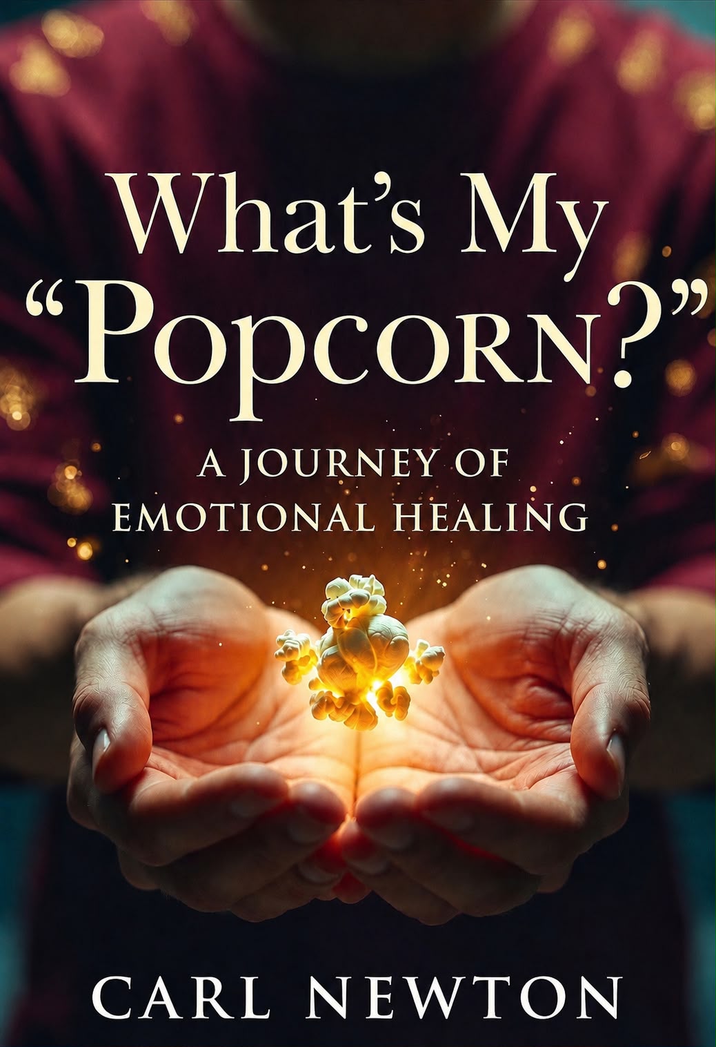 What's My Popcorn? A Journey of Emotional Healing by Carl Newton. The original cover shows cupped hands holding glowing popcorn.